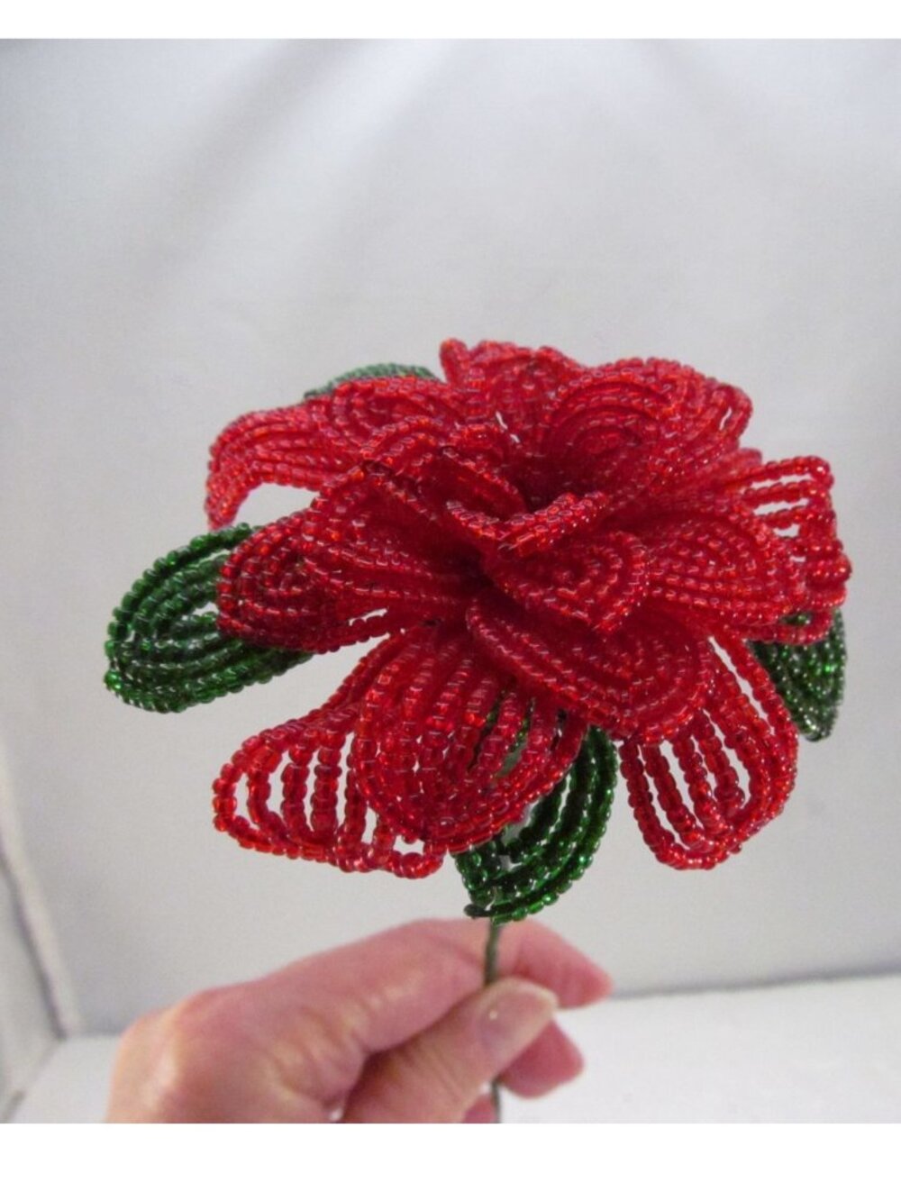 Handcrafted Red & Green French Beaded Flower with Stem Home Decor Gift 11 inch